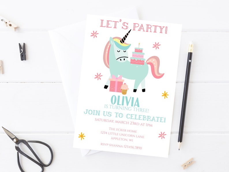 Unicorn Birthday Party Invitation, Editable Cute Unicorn Party Invite ...