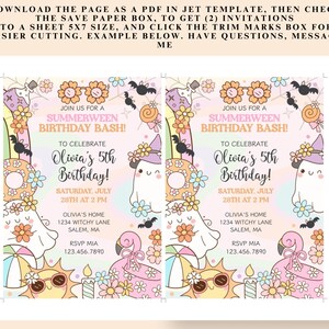 May include: Two invitations for a Summerween Birthday Bash, featuring a cute ghost, flowers, and a sun with sunglasses. The invitations are for Olivia's 5th birthday, with the date and time clearly displayed. The design includes the address and RSVP information.