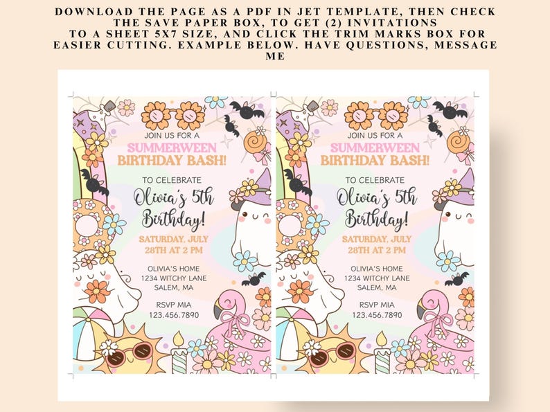 May include: Two invitations for a Summerween Birthday Bash, featuring a cute ghost, flowers, and a sun with sunglasses. The invitations are for Olivia's 5th birthday, with the date and time clearly displayed. The design includes the address and RSVP information.