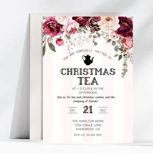 May include: A pink and white striped invitation with a floral border. The invitation is for a Christmas tea party on Saturday, December 21st at 1 o'clock in the afternoon. The invitation includes the address and RSVP information.