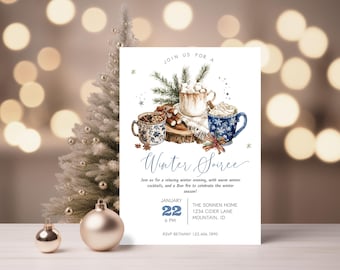 May include: A white invitation card featuring watercolor illustrations of three mugs with hot beverages, pine branches, and cinnamon sticks. Text reads: JOIN US FOR A Winter Soiree, JANUARY 22 6 PM, THE SONNEN HOME 1234 CIDER LANE MOUNTAIN, ID, RSVP BETHANY 123.456.7890.