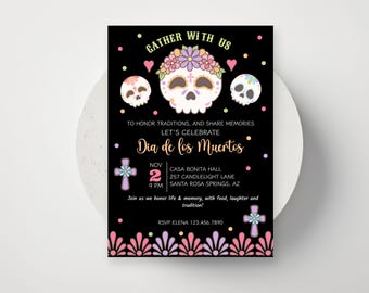 Day Of The Dead Theme Party Invitation, Dia De Los Muertos Celebration Invite, Fiesta Mexican Sugar Skulls Invite, Calling All Souls Invite