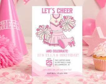 Redigerbar cheerleader-födelsedagsinbjudan, rosa poms-festmall, tjejlagsfest, utskrivbar 5x7 digital nedladdning