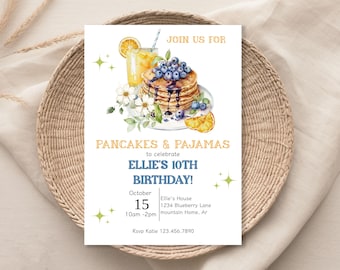 Pfannkuchen und Pyjamas Geburtstagsparty einladen, Pfannkuchen Geburtstag einladen, Pyjama Party Einladung, Kinder Frühstücksparty, Geburtstag Frühstücksparty