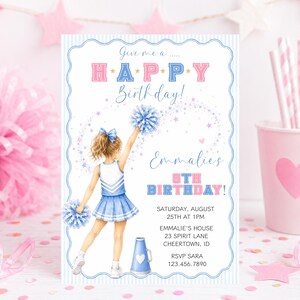 May include: A rectangular birthday invitation card featuring a cheerleader illustration with blue and pink text. The card reads: Give me a HAPPY BIRTHDAY! Emmalie's 8TH BIRTHDAY! SATURDAY, AUGUST 25TH AT 1PM, EMMALIE'S HOUSE, 23 SPIRIT LANE, CHEERTOWN, ID, RSVP SARA 123.456.7890.