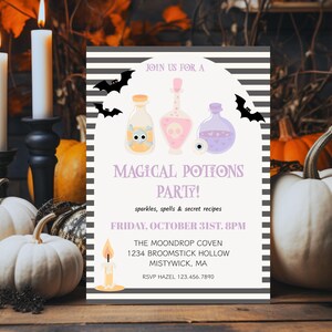 May include: A Halloween-themed invitation with the text "MAGICAL POTIONS PARTY!" featuring potion bottles and bats. The invitation is surrounded by pumpkins, candles, and autumn foliage, creating a festive atmosphere.