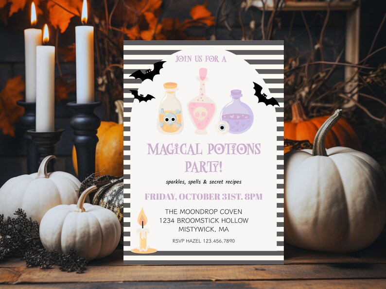 May include: A Halloween-themed invitation with the text "MAGICAL POTIONS PARTY!" featuring potion bottles and bats. The invitation is surrounded by pumpkins, candles, and autumn foliage, creating a festive atmosphere.