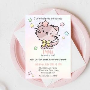 Kitty Birthday Party Invite, Editable Little Girl Birthday Party, Printable Kitty Cat Birthday Invite, Cute Invitation, 1st. Birthday Invite