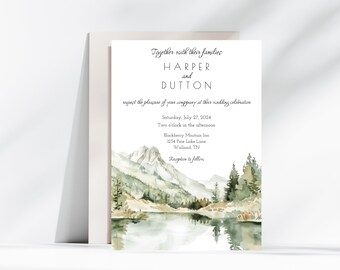 May include: A white wedding invitation card featuring black text and a watercolor illustration of a mountain lake landscape with green pine trees. The text reads: Together with their families, HARPER and DUTTON, request the pleasure of your company at their wedding celebration, Saturday, July 27, 2024, Two o'clock in the afternoon, Blackberry Mountain Inn, 1234 Pine Lake Lane, Walland, TN, Reception to follow.