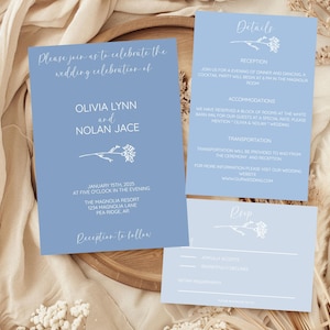 Dusty Blue Wedding Invitation Set: Minimalist Boho Floral (Editable Template)