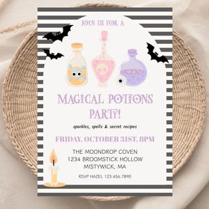 May include: A Halloween-themed invitation with a light purple background and black and white stripes. The invitation features illustrations of potion bottles, bats, and a candle. Text reads "Magical Potions Party!" with event details.