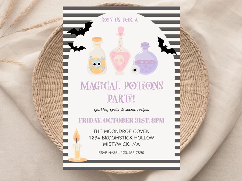 May include: A Halloween-themed invitation with a light purple background and black and white stripes. The invitation features illustrations of potion bottles, bats, and a candle. Text reads "Magical Potions Party!" with event details.