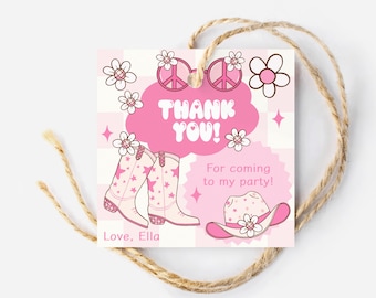 Disco Cowgirl Birthday Thank You Tag: Pink Groovy Favor (Editable)