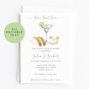 May include: A white invitation card with watercolor illustrations of a margarita, tacos, and a shot of tequila. The text reads "Taco bout love" and invites guests to a couples shower honoring Julia & Beckett.