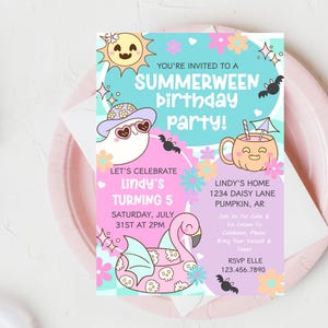 Editable kids birthday invitation with ghosts and retro summer Halloween style