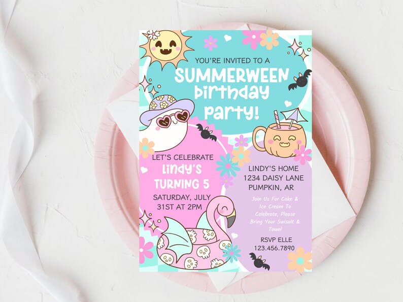 Editable kids birthday invitation with ghosts and retro summer Halloween style