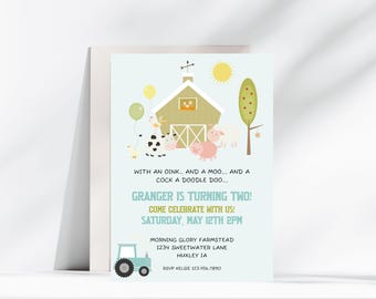 Farm Animals Birthday Invitation, Barnyard Party, Tractor, Animals (Digital Download)