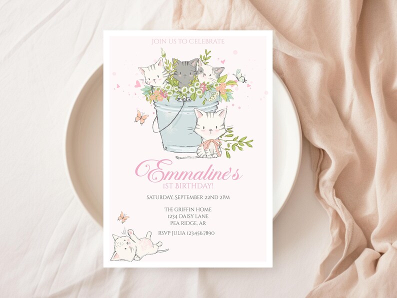 kitten first birthday party invite
