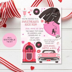Może przedstawiać: Różowe zaproszenie na Sweethearts Sock Hop, z szafą grającą, klasycznym samochodem i spódnicą z pudlem. Zaproszenie zawiera tekst "All Editable Text" i szczegóły wydarzenia.