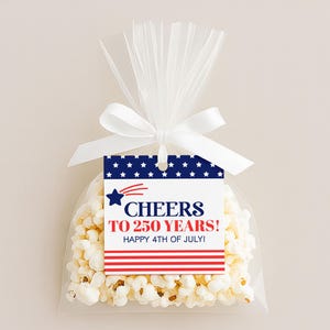 May include: A clear cellophane bag filled with popcorn, tied with a white ribbon. A tag with a blue background and white stars reads "Cheers to 250 Years! Happy 4th of July!" in red and white text, with a red and white striped design.