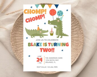 Chomp Chomp Alligator Birthday Invitation, Boy Swamp Party Invite, Gator Theme Kids Birthday Printable, Colorful Animal Party Invitation