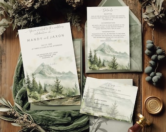 Mountain Top Wedding Invitation Set, Mountain Forest Wedding Invite, Editable Nature Wedding, Serene Mountain Wedding Suite, Outdoor Wedding