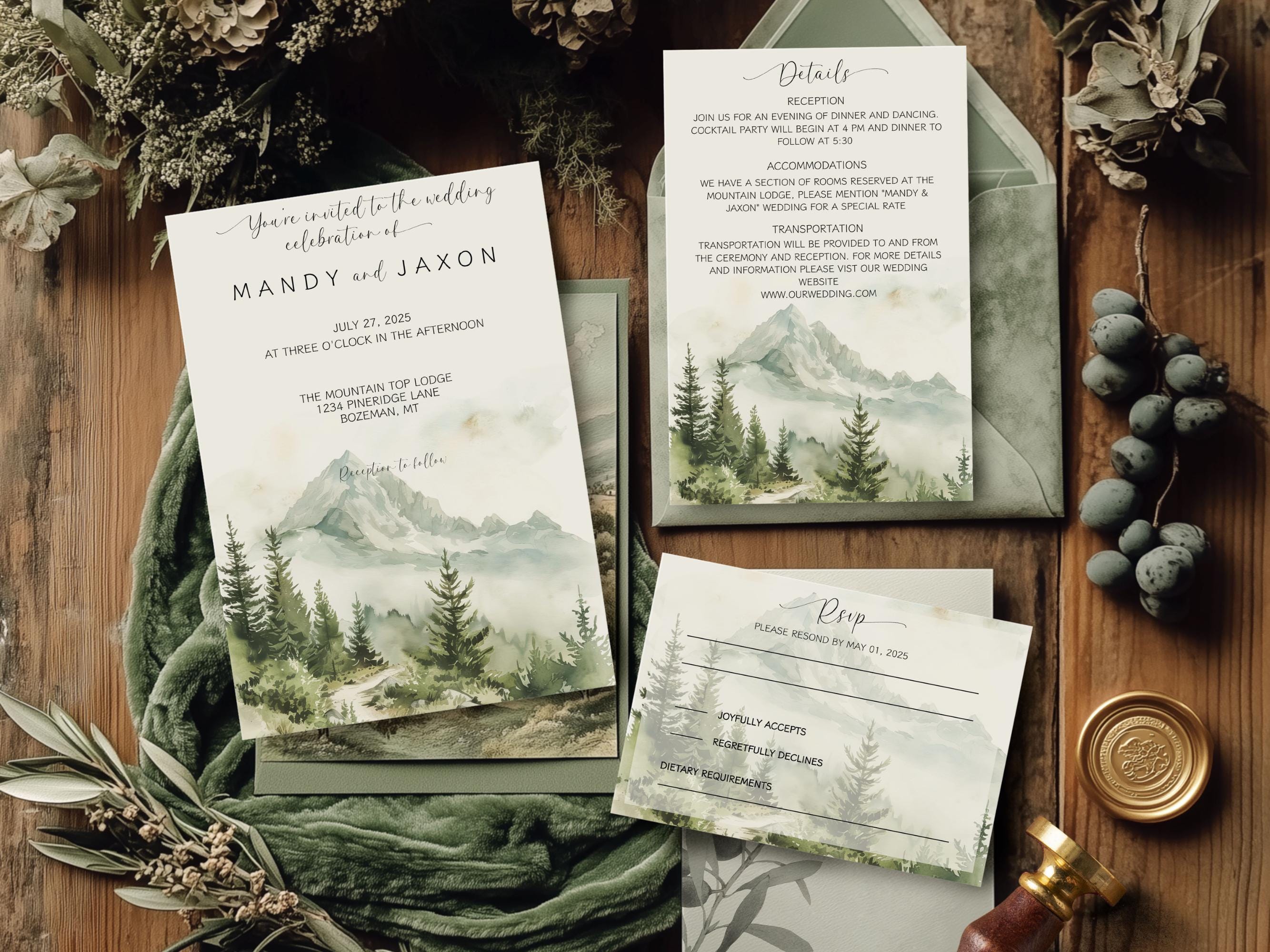 Mountain Top Wedding Invitation Set, Mountain Forest Wedding