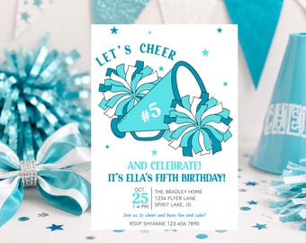 May include: A white birthday invitation card featuring a teal megaphone with the number 5, two teal and white pom-poms, and blue stars. The text reads: LET'S CHEER AND CELEBRATE! IT'S ELLA'S FIFTH BIRTHDAY! OCT. 25 1-4 PM THE BRADLEY HOME 1234 FLYER LANE SPIRIT LAKE, ID.