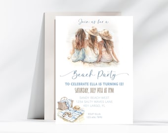 Beach Birthday Party Invitation, Editable Teen Girls Birthday Invitation, Printable Beach Picnic Birthday Invite, Summer Beach party Invite