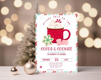 クッキーとココアのクリスマスパーティー招待状（デジタルダウンロード）冬の子供向けホットチョコレート招待状