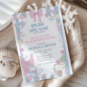 Graduation Pool Party Invitation, Summer Grad Beach Party Invite, Class Of 2026, Beach Bash, Beach Birthday Invite, Girly Floral Grad Invite