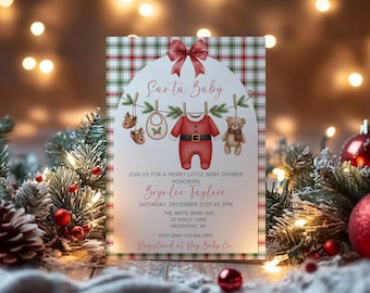 May include: A festive baby shower invitation with a plaid background and the words "Santa Baby." The invitation features illustrations of baby clothes, a bib, and a teddy bear. The text includes the date, time, and location of the shower.