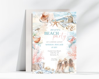 Editable Beach Party Invite, Beach Birthday Party Invite,  Summer Birthday, swimming party invite, Beach Picnic Invite, Girls Summer Party