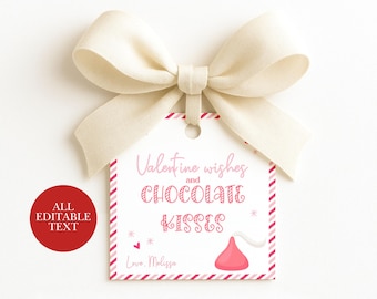 Valentine's Day Gift Tag, Chocolate Kisses Treat Tag, Kids Valentines Printable, Valentine Wishes Favor Tag, Sweet Cookie Treat Bag Tag