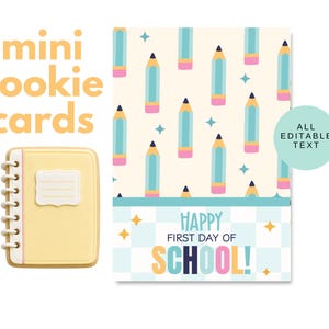 Cartão de biscoito em miniatura para o primeiro dia de aula, etiqueta de volta às aulas, cartão de biscoito para imprimir, biscoito para professor e aluno, cartão de suporte para biscoito em formato de lápis