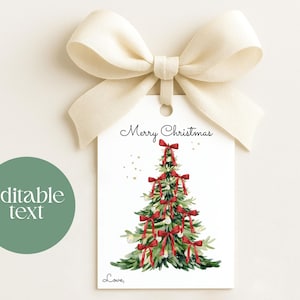 May include: A white gift tag with a watercolor Christmas tree design, adorned with red bows. The tag reads "Merry Christmas" and is topped with a cream-colored bow. A green circle with "editable text" is on the left.