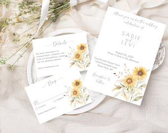 Sunflower Wedding Invitation Suite, Printable Sunflower Wedding Invitation, Boho Sunflower Invite, Rustic Sunflower Wedding Invitation Set