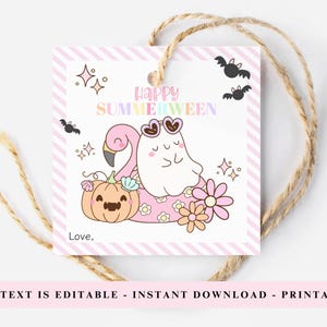 Summerween Gunst Anhänger, Happy Summerween Geschenkanhänger, Pastell Halloween Leckerlie Anhänger, Bearbeitbarer Pastell Geist Anhänger, gruseliger süßer Sommer Anhänger, Groovy Geist