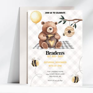 Honey Bee 1st Birthday Invitation, Cute Bear & Honey Bees Party Invite, Bee Birthday Invitation, Sweet To Bee One Birthday, First Birthday