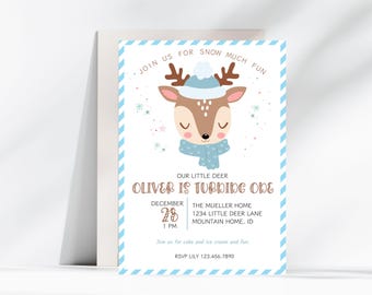 Winterwunderland-Einladung zum 1. Geburtstag mit Hirschmotiv (Bearbeitbare Vorlage)
