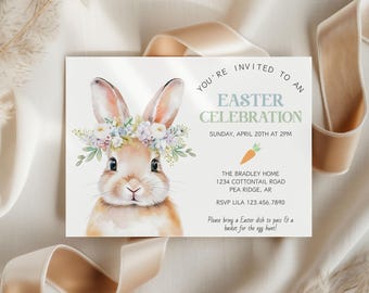 Easter Celebration Party Invitation, Easter Brunch Bunny Invite, Hop On Over Egg Hunt Invite, Spring Family Easter Dinner Party Invitation