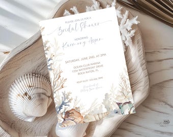 Strand-Brautparty-Einladung, Ozean-Braut-Brunch, Muschel-Brautparty, Hochzeitseinladung in gedeckten Farben, Küsten-Hochzeitsparty