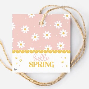 Pode incluir: Uma etiqueta de presente rosa com um padrão de margarida branca e detalhes dourados. A etiqueta diz "hello spring" em letras douradas. Há um espaço para escrever "para :" na etiqueta.