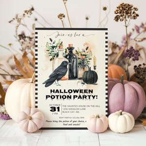 May include: Halloween party invitation featuring a watercolor illustration of potion bottles, a raven, and a pumpkin. The invitation includes the text "Halloween Potion Party!" with date, time, and location details. Pumpkins and dried flowers surround the invitation.
