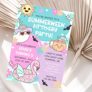 Printable pastel Summerween party invite with bats and spooky pool theme