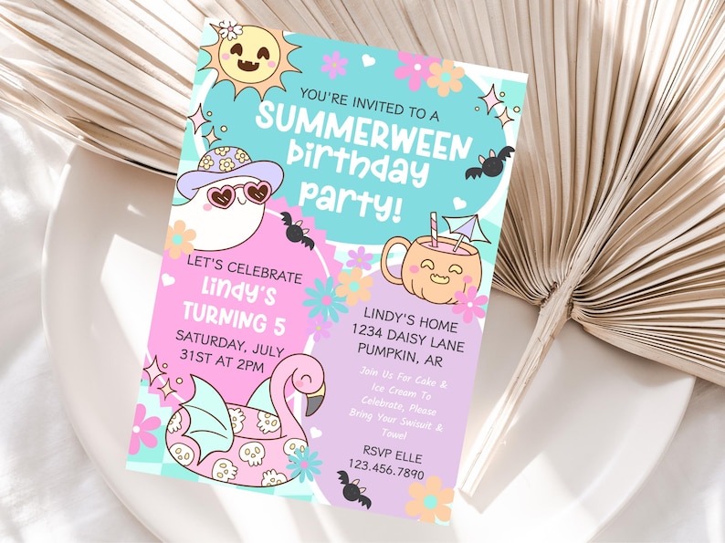Printable pastel Summerween party invite with bats and spooky pool theme