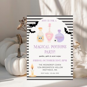 May include: A Halloween-themed invitation with the text "MAGICAL POTIONS PARTY!" featuring illustrations of potion bottles, bats, and a candle. The invitation is on a white background with black and white stripes.