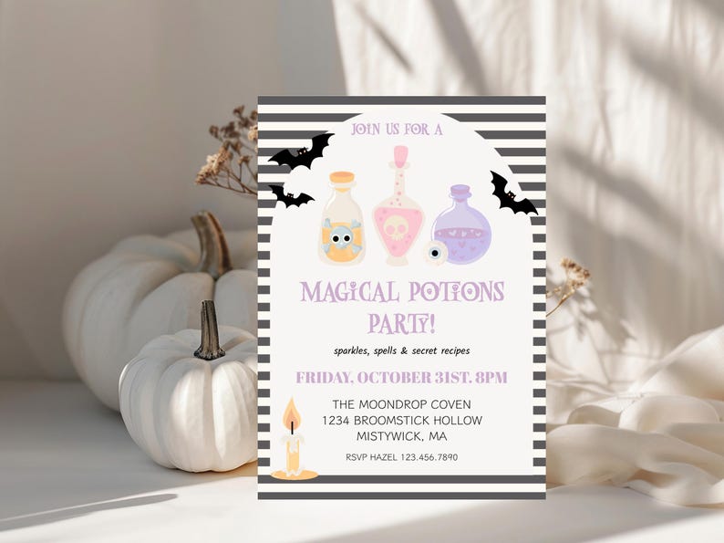 May include: A Halloween-themed invitation with the text "MAGICAL POTIONS PARTY!" featuring illustrations of potion bottles, bats, and a candle. The invitation is on a white background with black and white stripes.