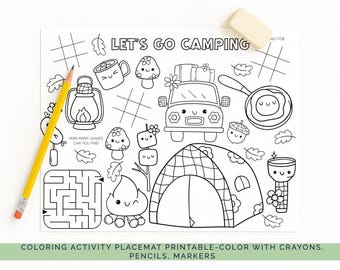 Camping Activity Placemat: Kids Coloring Page, Editable Camp Fun (Digital Download)