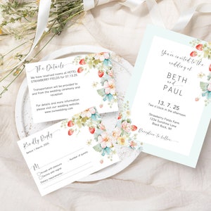 Erdbeerblumenhochzeitseinladung, druckbare Pastellblumenhochzeitsreihe, bearbeitbare Landhochzeitseinladung, süße Beerenhochzeit einladen